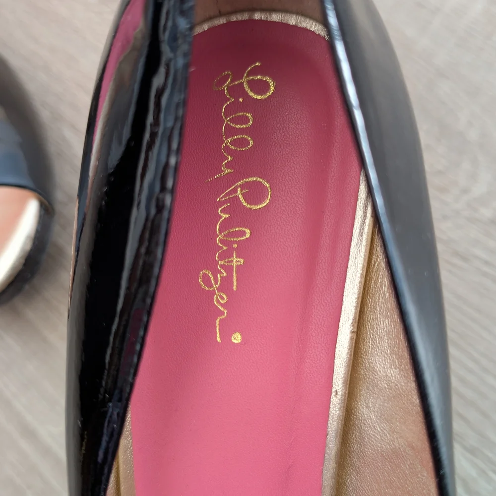 Lilly Pulitzer Black Patent Leather Glitter Wedges Size 9  EUC